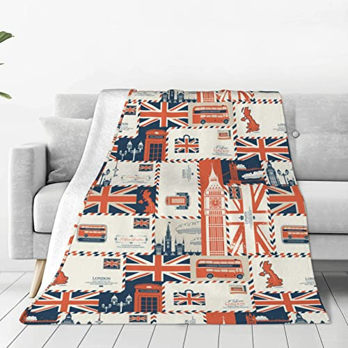 Oplp UK and London Theme Throw Blanket for Bed Sofa Couch Envelopes Symbols Flag Retro Style Fleece Blankets Lightweight Soft Cozy 152,4 x 127 cm