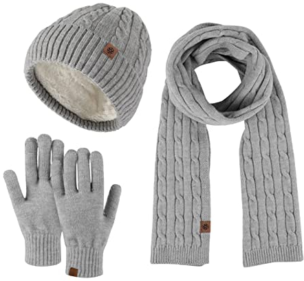 Mutze Schal Set Damen Grau, Wintermütze Strickmütze Warme Mütze Kreis Schal Set und Warm Strick Handschuhe mit Fleecefutter für Damen und Herren