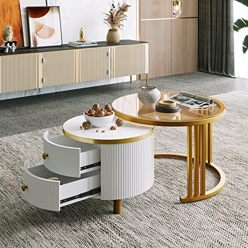 ModernLuxe -couchtisch 2er Set - Nesting Kaffeetische mit Marmor Furnier und Goldene Farbe Frame Sofatisch, Satztische, Runde Tisch Fürs Wohnzimmer (Gold, 70 * 70 * 45 + 50 * 50 * 40cm)