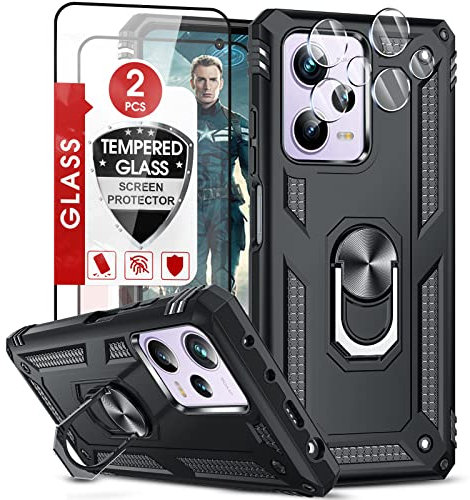 LeYi Hülle für Xiaomi Redmi Note 12 Pro 5G/Poco X5 Pro Ständer Handyhülle mit 2 Schutzglas 2 Kamera Folie,Militär Standard Stoßfest Case Metall Ring Fallschutz Handy Hüllen Outdoor Schutzhülle Schwarz