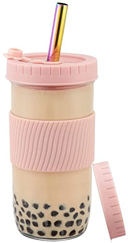 Duffy Reusable Boba Water Cup Set 730ml Wide Mouth Leakproof Large Capacity Storage Bottles Kit for Drinking Cold Smoothie Mugs Iced Office Home 24oz (Pink)