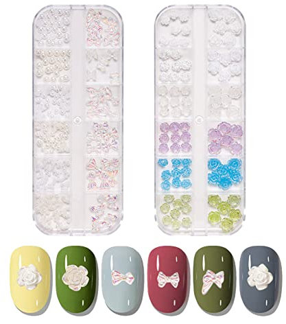 OTKARXUS 3D Flower Nail Art Charms,2Boxes 24Grids Aurora Bow Butterfly Nail Charms Flat Back Pearl Nail Art,Bowknot Nail Art Decoration Flower Decals for DIY Manicures Design Jewelry Making, 1 count