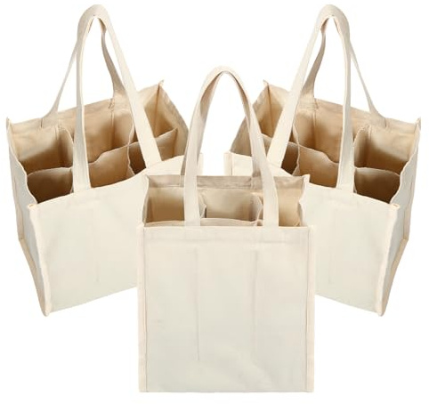 Berlune 3 Pcs 6 Bottle Wine Bag with Divider Canvas Wine Carrier Washable and Reusable Wine Tote Sturdy Wine Tote Bag Grocery Wine Bottle Carrier Holder for Travel Camping Picnic Wine Lover Gift