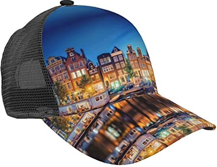 Amsterdam Nachtansicht Herren Damen Verstellbare Washed Twill Low Profile Baseball Cap Hat, Trucker Hut, Papa Hut, Schwarz, Einheitsgröße, Schwarz, Einheitsgröße