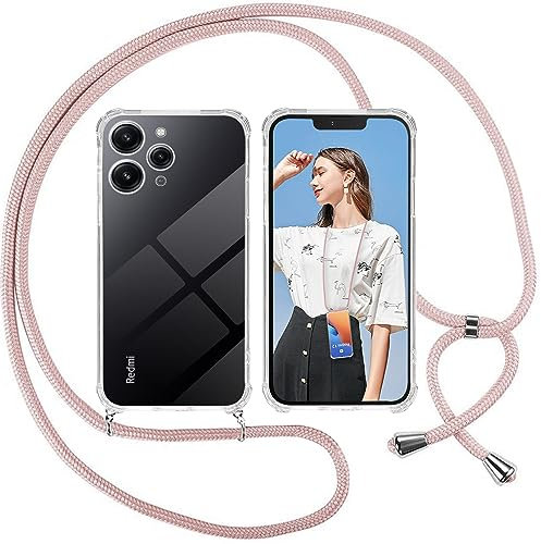 ISOI Funda con Cuerda para Xiaomi Redmi 12 4G, Carcasa Transparente TPU Suave Silicona Case con Correa Colgante Ajustable Collar Correa de Cuello Cadena Cordón, Rosado