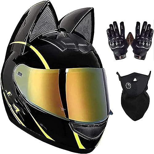 Full Face Motorradhelme DOT/ECE Certified Mit Katze Ohren Adult Flip Up Visiere Motocross Helm Motorrad-Crash-Modular Helmet E,XLarge 60-62CM