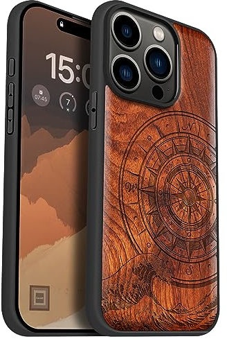 Carveit Holz Handyhülle für iPhone 15 Pro Handyhulle kompatibel mit MagSafe Massivholz für Apple 15 Pro Handyhülle Stoßfeste Stoßstange Weich TPU hulle(Rosig-Der Kompass vor Kanagawa Waves).