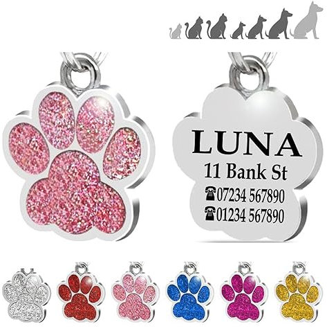 Ibera Gifts - Engraved Dog or Cat Id Tag for Small to Medium Dogs and Cats - Paw Shape - Collar Name Personalised Pets Custom Engraving Identity (Pink)