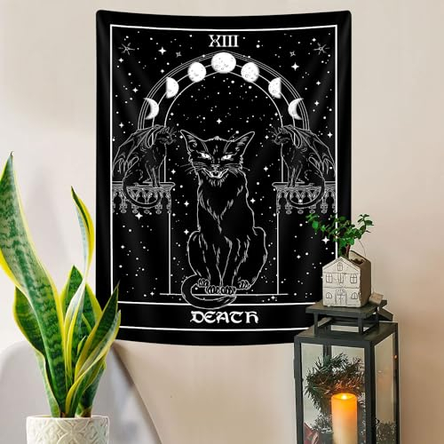 Goth Black Cat Tapisserie, Gothic Tarot-Hexe, vertikaler Wandbehang für Männer, schwarz-weiß, ästhetischer Anime-Hexerei-Kunst, für Schlafzimmer, Wohnzimmer, Poster, 101,6 x 152,4 cm