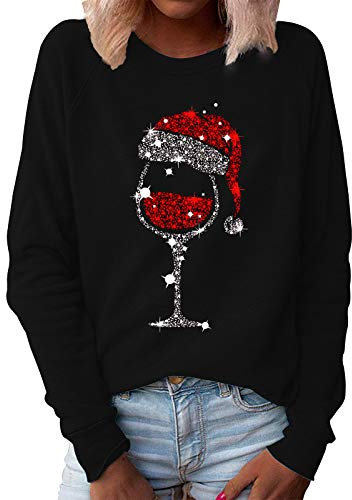 Weihnachtspullover Damen Sweatshirt Mode Weinglas Gedruckt Langarmshirt Herbst Winter Rundhals Pullover Christmas Xmas Pulli Shirt Oberteile Lose Casual Oberteile Tops