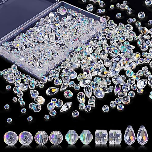 VIDSTW 600 Pièces Perles à Facettes en Verre Cristal 4/6/8 mm（Transparent） | 5 Formes Perles de Cristal pour DIY Bracelets et Colliers Artisanat