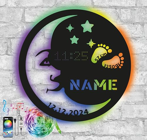 WALUNA® Taufgeschenk Mondsichel LED für Kinderzimmer personalisiert mit Name Datum Farbwechsel USB zur Konfirmation für Mädchen & Jungen in 12 Holzarben