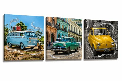 Lupia - Set 3 pezzi Quadri su tela Canvas Day Brillant con glitter CARS 38x38 cm, tema auto d'epoca, per soggiorno, capezzale camera da letto, cucina, ufficio