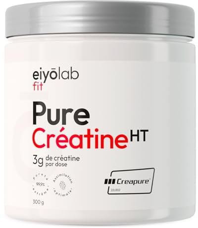 PURE CREATINE HT | 100% Creatine Monohydrate Creapure® en Poudre | Pre Workout Musculation | Prise de Masse, Force et Résistance Musculaire | 300 grammes - 88 Shakers | Poudre Non Aromatisée | Eiyolab