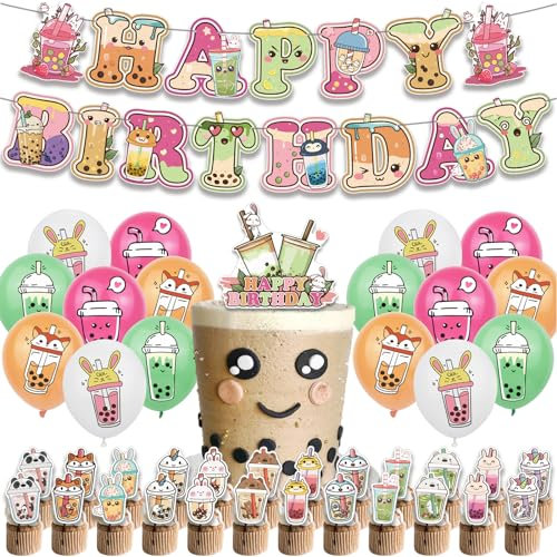 Boba Tea Birthday Party Decorations Include Bubble Tea Happy Birthday Banner, Cake Topper, Cupcake Toppers and Balloons for Kids Girl Pearl Milk Tea Themed Birthday Party Supplies
