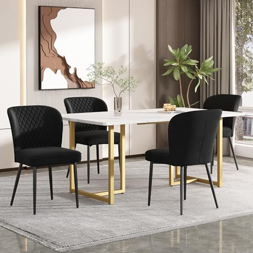 KUAKE Essgruppe,140×80×75cm Esstisch mit 4 Samt Esszimmerstühle, Polsterstuhl Design Stuhl mit Rückenlehne,L-förmig Golden Tischbeine (Schwarz-B)