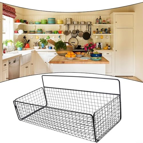 1 Set Hanging Storage Basket, Wall Grid Basket, Wall-Mounted Metal Wire Basket, Multi-Purpose Organiser Tray For Kitchen/Bathroom/Pantry Bin Shelves(black Coarse mesh+adhesive hook L)