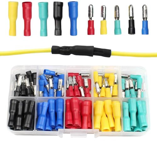 100Pcs Electrical Connectors, Insulated Male Female Bullet Wire Connectors, Quick Splice Butt Crimp Terminals, Wire Cable Connectors for Auto Audio Wiring (five-colour, Straight, Crimp Connectors)