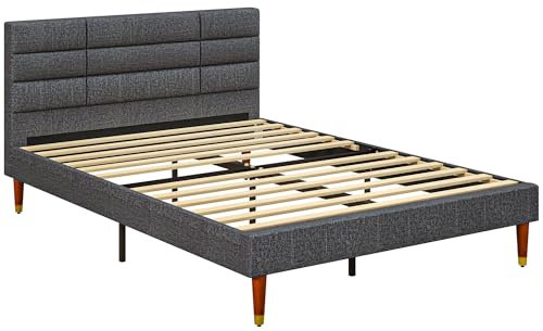 HOMCOM 4ft Double Bed Frame with Underbed Storage, Upholstered Platform Bed Frame with Tufted Headboard and Wood Slat Support, No Box Spring Needed, Easy Assembly, Grey