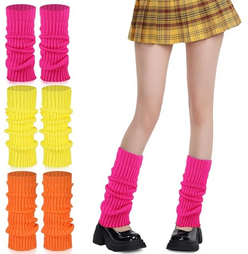3Paar Stilvolle 80er- und 90er-Jahre-Beinwärmer für Damen - Neon Strümpfe Gestrickte Aerobic Kostüm Accessoires, Modische Strick-Beinwärmer-Socken im 80er,90er für Motto Party Fasching Karneval Tanzen