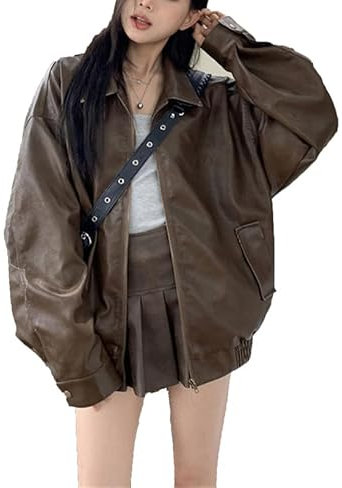 Femmes Cuir Oversize Veste Faux Cuir lâche Zip Bomb Jacket Y2K PU Veste de Moto en Cuir