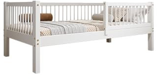 TIMBEE - Alfi - Kinderbett 70x140 cm - Bett Weiß - Einzelbett für Kinder mit Lattenrost und Rausfallschutz Abnehmbar - Hohe Beine - Belastbar bis 100 kg - aus Kiefernholz Klasse 1