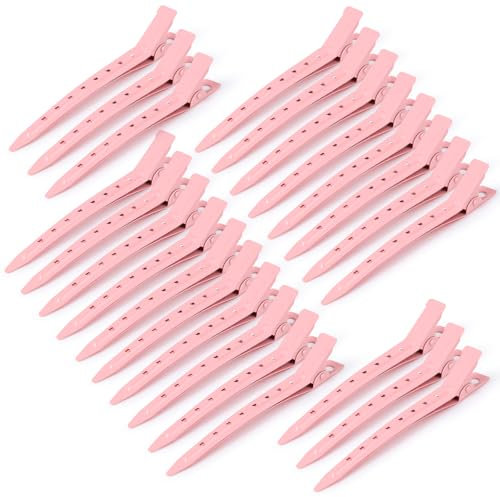 GEELBS 24 Pieces Duck Bill Hair Clips, 3.5 Inch Rustproof Metal Alligator Curl Clips with Holes for Hair Styling (Pink)