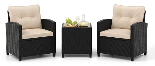 COSTWAY Ensemble de Meubles 3 Pièces de Patio en Rotin Charge 180KG, Salon de Jardin 2 Fauteuils Table Basse avec Plateau en Verre Trempé 4 Coussins Amovibles, pour Cour Piscine (Noir+Beige)