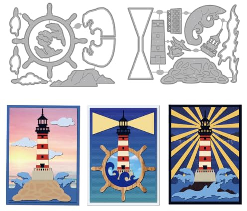 MAYJOYDIY Meeres Leuchtturm Stanzschablonen Sommer Segelruder Metall Stanzformen Ozeanwellen Felsen Karbonstahl Prägevorlagen Für Scrapbooking Basteln Kartenherstellung Geburtstagsgeschenk Dekor