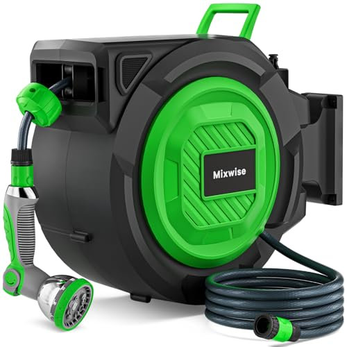 Retractable Garden Hose Reel, 1/2'' x 30m+2m Wall Mounted Hose Reel with 180° Swivel Bracket,10-Pattern Nozzle, Automatic Slow Return System, Any Length Lock, Hosepipes for Garden, Cleaning