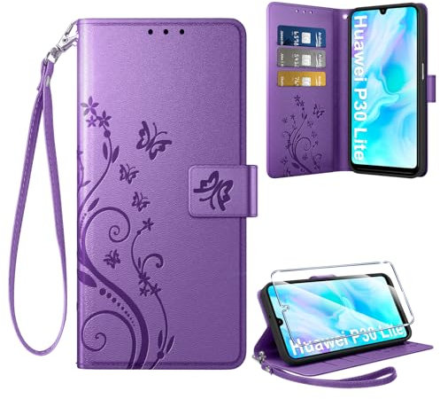 Coiwxmoi Coque pour Huawei P30 Lite + 1 Verre Trempé, Retro Design Housse Premium en Cuir PU Pochette de Portefeuille pour Porte Cartes Fonction Stand Flip Etui pour Huawei P30 Lite, Violet