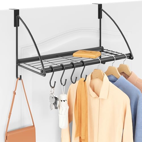 Tajsoon Over the Door Hanger with Storage Rack and 6 Hooks, 16.54 Black | Over the Door Clothes Rack with Removable Hooks for Clothes Drying, Over the Door Hooks for Bathroom, Bedroom, Living Room