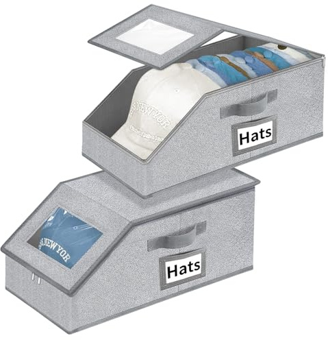 Stackable Hat Storage for Baseball Caps - Hat Organizer with Clear Window | 2PCS Stackable Storage with Clear Window Lid, Flip-Top Access, Space-Saving Hat Box for Closet, Breathable Fabric