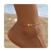 Auiremrti Bracelet de cheville délicat avec croix pour femmes, 18 carats doré, petites perles, perles colorées, plage, été, bijou de cheville simple, bracelet de cheville comme cadeau bijou