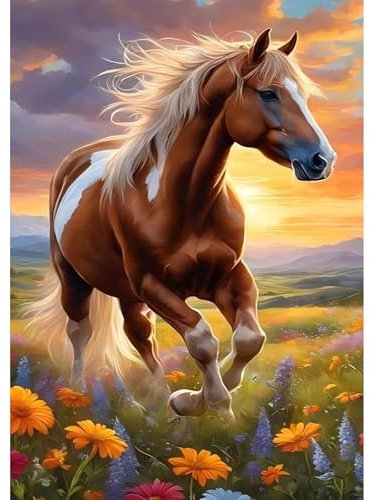 NEWENMO Bricolaje Caballo Marrón Diamond Painting Adultos,Flores Silvestres de Colores Diamond Art Kit,Kit Completo de Pintura de Diamante,5D Dibujo de Diamantes Set,para Decoración Hogar 30x40cm