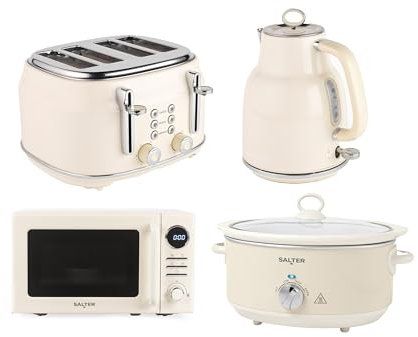 Salter Retro Cream Kitchen Set – 1.7L 3kW Kettle, 4-Slice Toaster with 6 Browning Levels, 20L Digital Microwave Oven with 25.5 cm Glass Turntable, Slow Cooker with 3 Heat Settings & Tempered Glass Lid