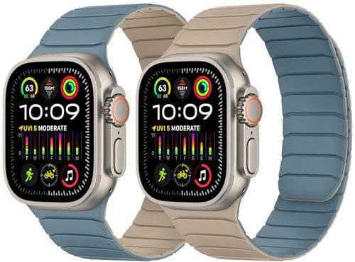 Tasikar Bracelet Magnétique Double Face Compatible avec Apple Watch 49mm 46mm 45mm 44mm 42mm, Bande Sport en Silicone Souple pour iWatch Ultra3 2 1 SE série 11 10 9 8 7 6 5 4 3, Bleu ciel-Abricot