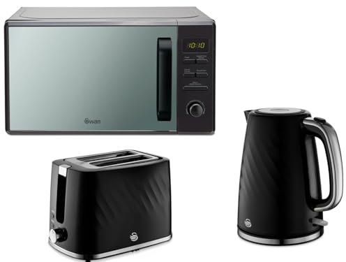 Swan Windsor Black 1.7L 3KW Textured Kettle, 2 Slice Toaster and 800W 20L Digital Microwave SM4421BLK. Contemporary Matching Kitchen Set with a Premium Sleek Black Finish
