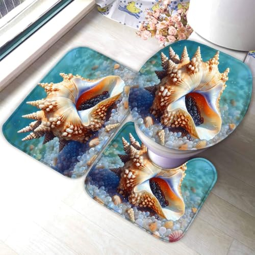 RLYXGS Badematten Set 3 Teilig Muscheln Muschel rutschfest Flanell Badezimmerteppich 40x60cm 3D Ozean U-förmiger Kontur Teppich und WC-Deckel Waschbar Badteppich Weich Saugfähige R4