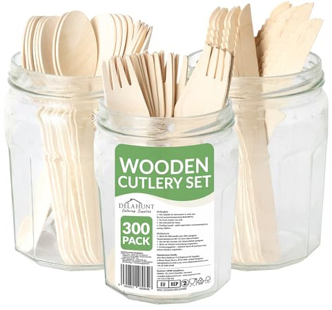 300 PCS Disposable Wooden Cutlery Set (100 Forks, 100 Knives, 100 Spoons) - 16cm FSC-Certified Birchwood | Compostable Non-Toxic Utensils for Parties, Picnics, BBQs, Catering, Kitchen & Garden Dining