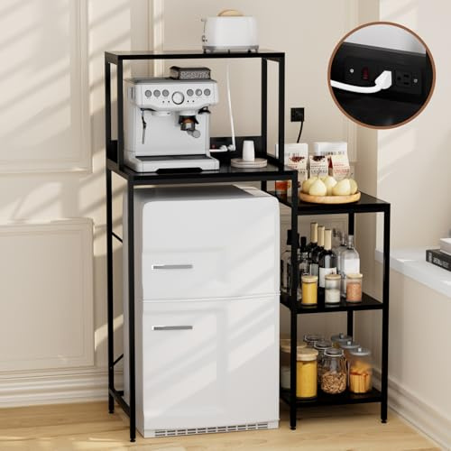 QieerHior Mini Fridge and Microwave Stand Over Refrigerator Storage Shelf with Power Outlet, 5 Tiers Adjustable Bakers Rack Cabinet Coffee Bar Appliance Organizer for Dorm Office,Black