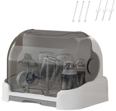 Baby Bottle Dryer Steriliser Station - Portable Drying Rack Storage Organiser with Removable Drip Tray, Dustproof Cover for Pump Parts, Teats, Cups Accessories (C)