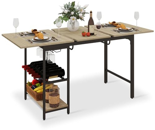 ARTETHYS Dining Table, 110-150cm Extendable Dining Table with Wine Rack and Storage Shelf for 4-6 People, Large Kitchen Dinner Table with Wine Glass Holder for Restaurant Home, Oak