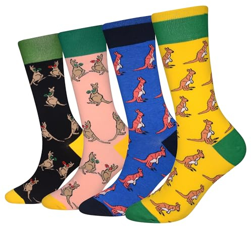 Cansok EUR 42-46 Lot de 4 paires de chaussettes fantaisie pour Homme Motif Kangourou Animaux