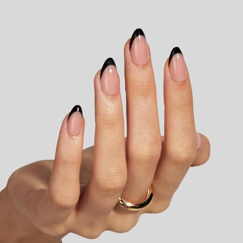 LAMIMOSA 32Pcs Black French Tip False Nails with Glue - Short Almond Press on Nails, Soft Gel Fake Nail kit in 16 Sizes, Reusable Semi-Transparent Stick on Nails, Glue On Nails, BLACK FRENCH
