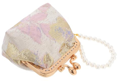 POPETPOP Porte-Monnaie en Brocart de Soie Chaîne Imitation Perles Dorées, Paquet à Main Portable Élégant pour Femmes, Design Traditionnel Chinois pour Voyages et Fêtes
