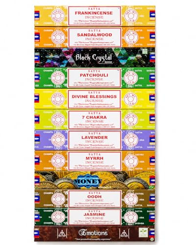 Satya Assorted Incense Sticks Gift Set - 12 Pack Collection (180g) | Jasmine, Oodh, Sandalwood, Frankincense, Lavender & More | Hand Rolled Aromatic Incense Sticks