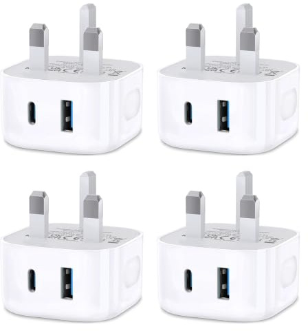 USB C Fast Charge Plug,4 Pack Dual Port USB A and USBC Charger Plugs Adaptor UK Wall Charge for iPhone 17 Pro Max 16e 16 Plus Pro Max 15 14 13 12 11 SE Watch iPad Pro Mini Air,Type-C Ports Charging