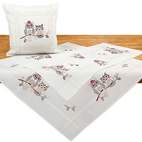 Quinnyshop Graue Eulen auf AST Stickerei Kissenhülle Kissenbezug ca. 40 x 40 cm Polyester, Ecru