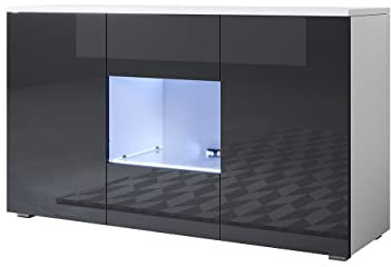 MB Muebles Bonitos, Aparador Mueble TV con Patas 2 cm Luke A2 para Salón o Comedor Moderno con Luz LED, Melamina Brillo, Color Blanco y Negro, 120 x 72 x 40 cm